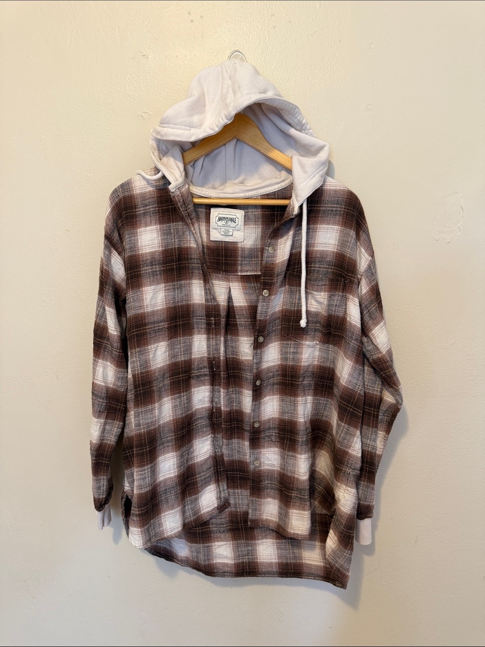 American Eagle Outfitters Brown and Cream Plaid Hooded Flannel Shirt